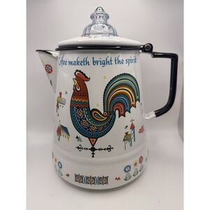 Vintage Berggren Enamelware Coffee Pot Swedish Folk Art Rooster Design Z12